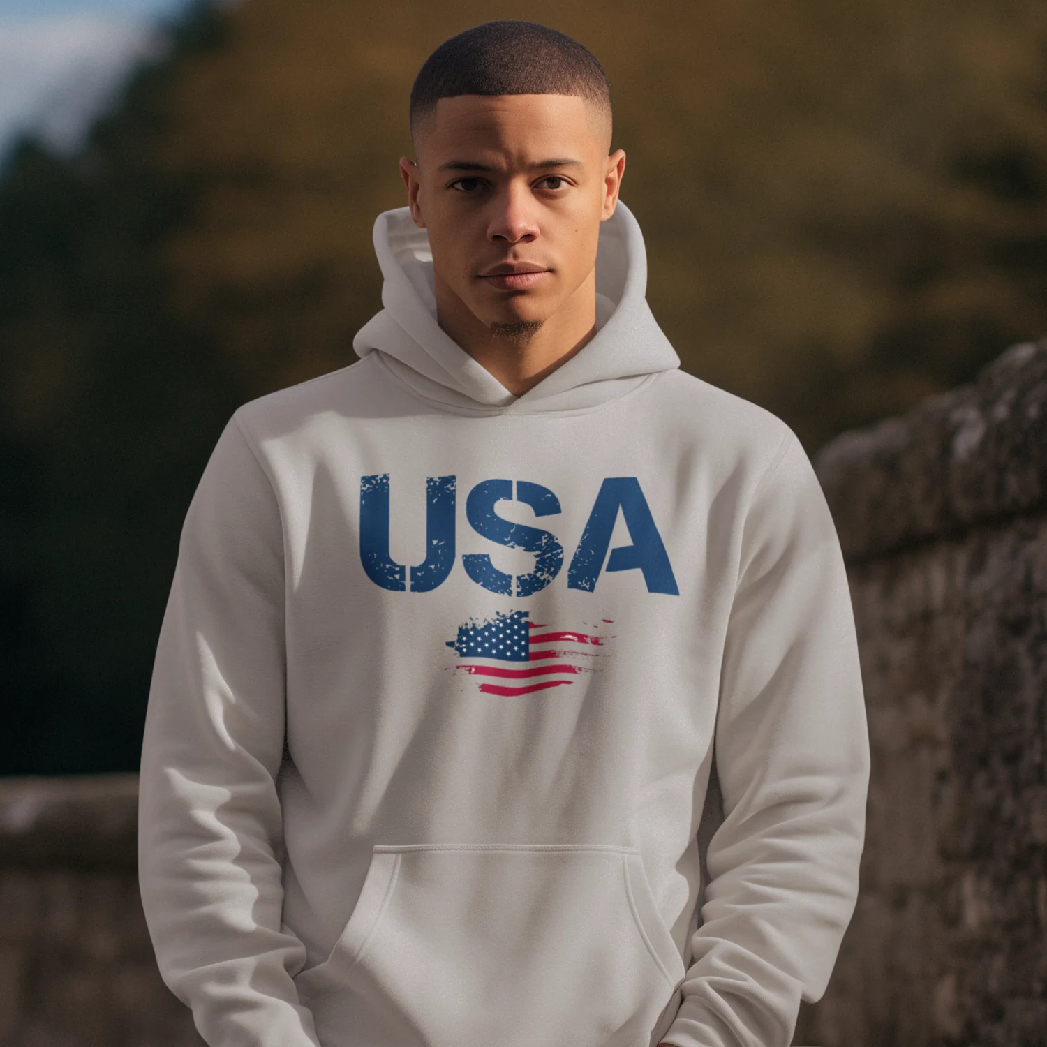 USA Flag Text Printed classic fit Men Hoodie - Image 2