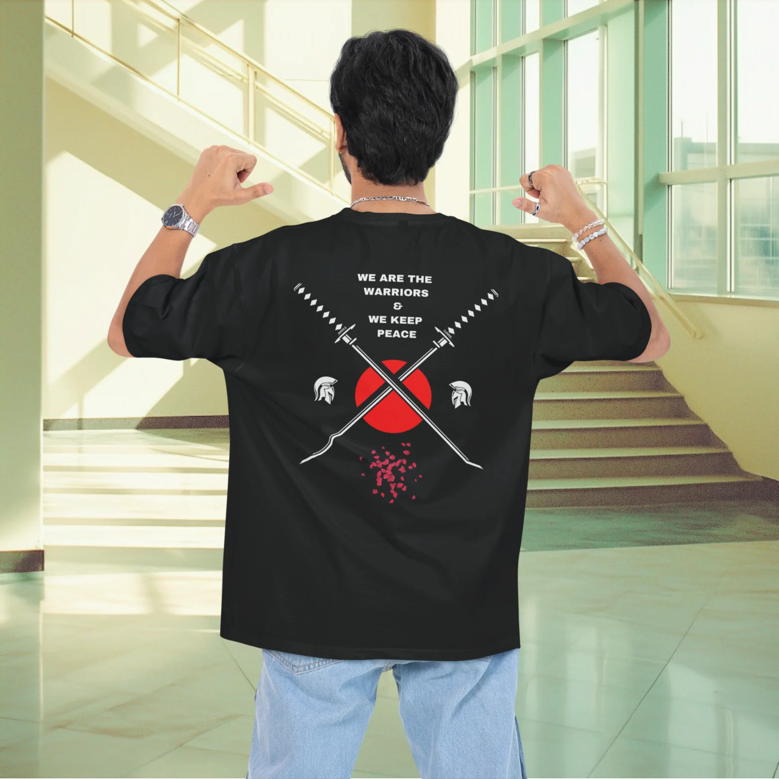 Men warriors inspirational graphic back printed oversized T-shirt