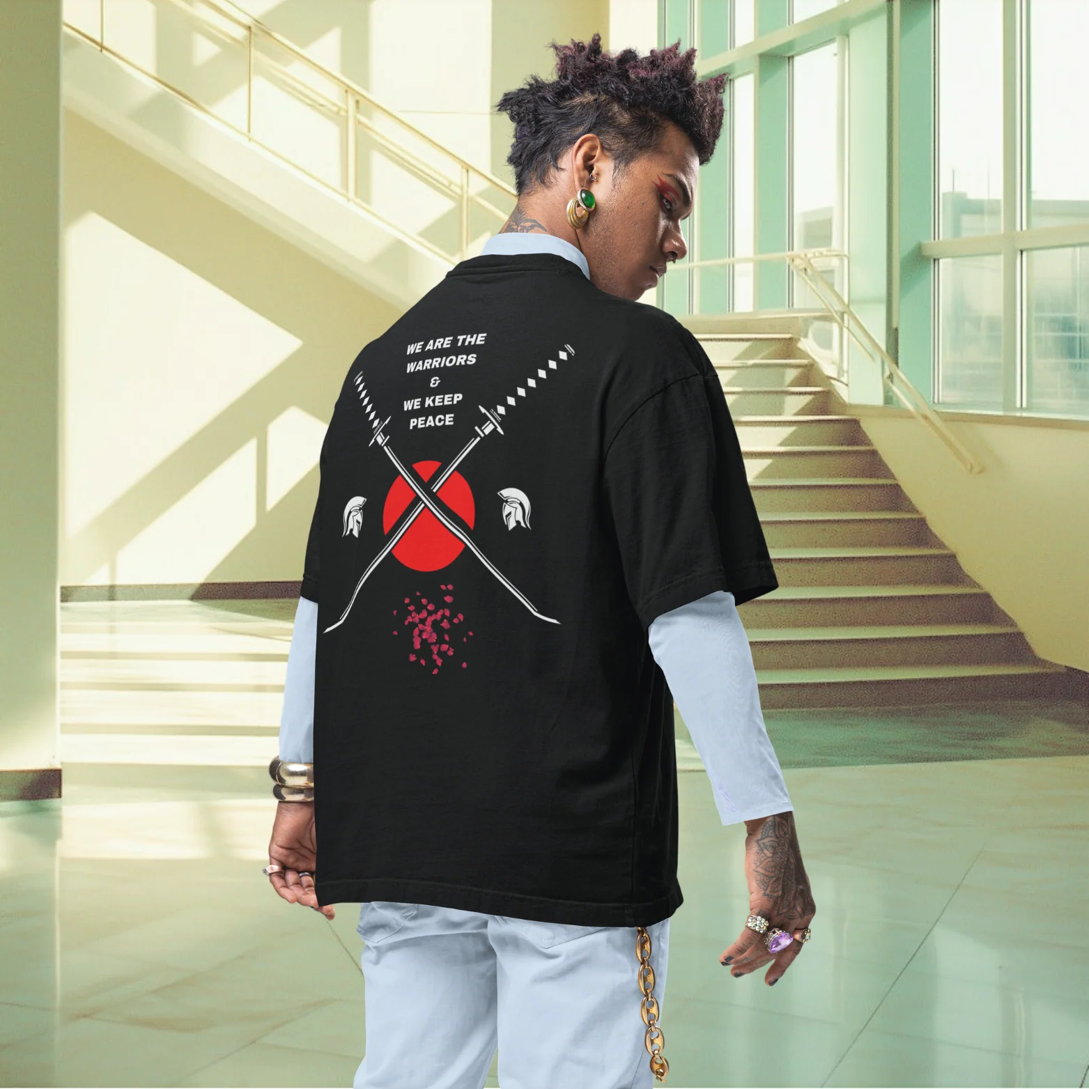 Men warriors inspirational graphic back printed oversized T-shirt - Image 2