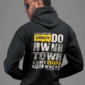 Black graphic back print zip hoodie for men