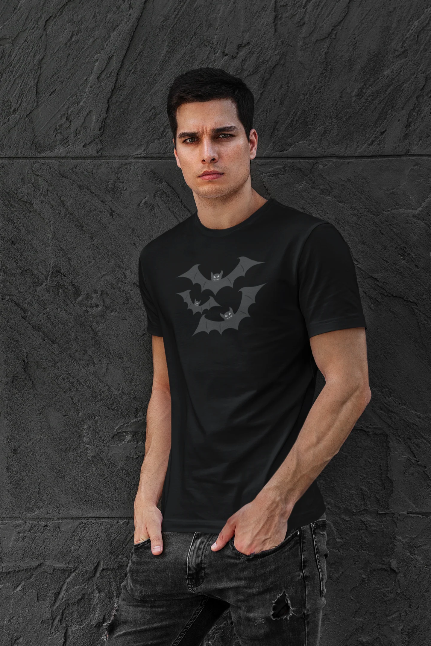Spooky Bats Graphic Printed slim fit round neck short sleeve T shirt for men - Image 4