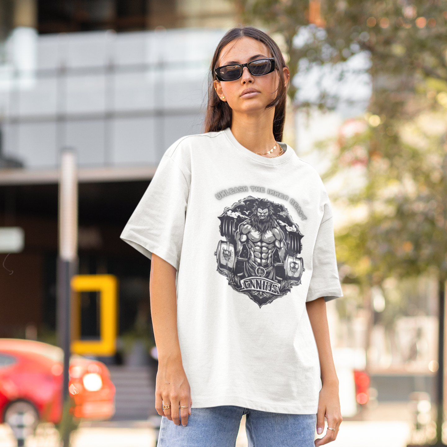 Women gym wear deadlifting graphic printed round neck oversized t-shirt - Image 2