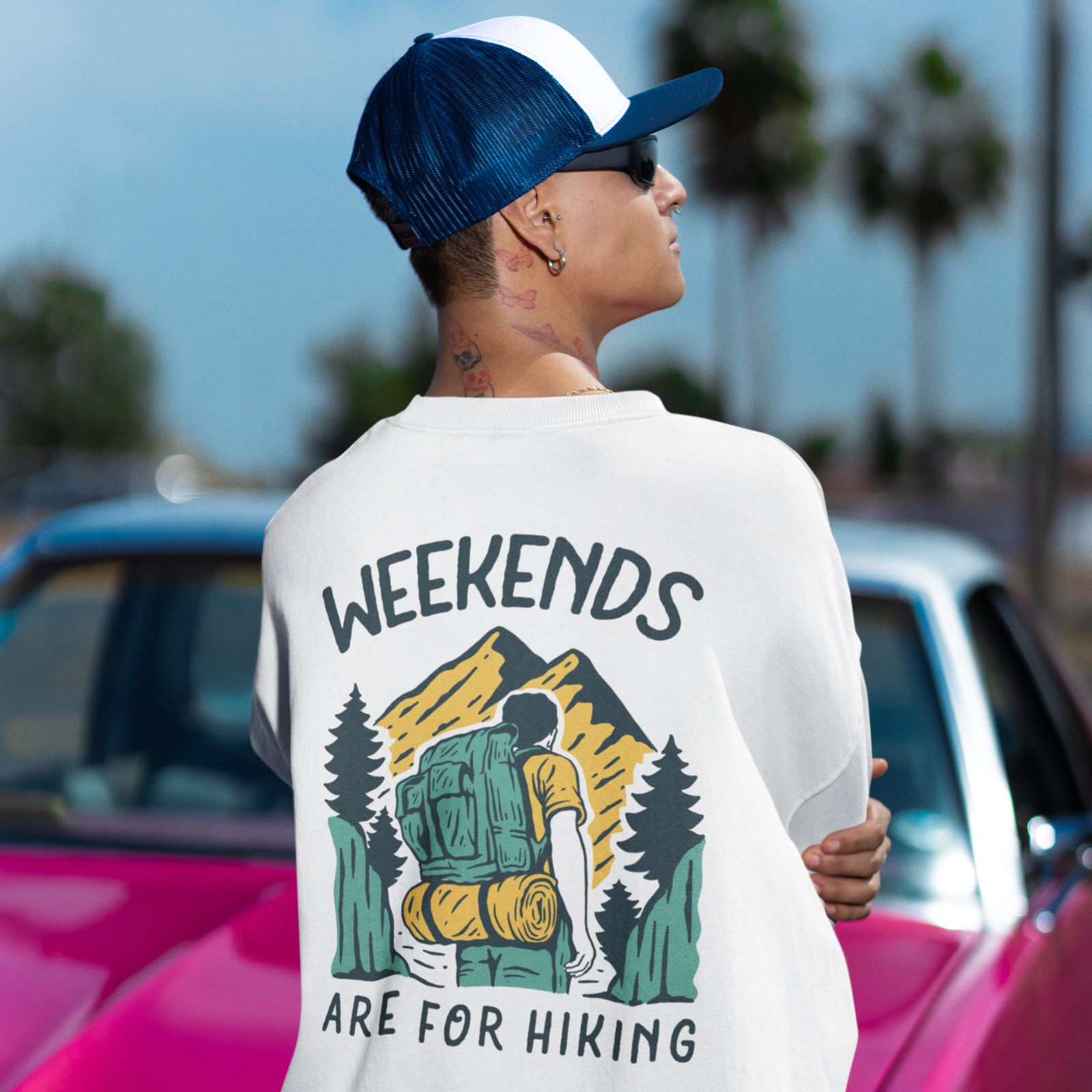 Weekends hiking back printed round neck oversized Sweatshirt for Men - Image 2