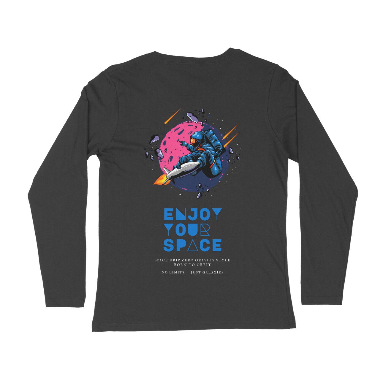 Black Full Sleeve Space Back Printed Round Neck Tshirt for Women - Image 3
