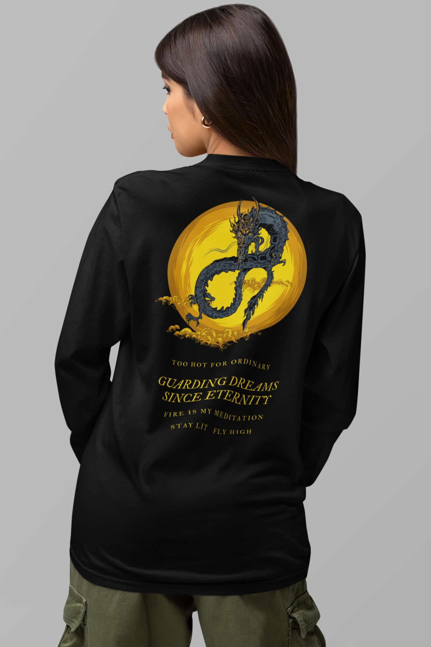 Black Full Sleeve Dragon Back Printed Round Neck Tshirt for Women - Image 2