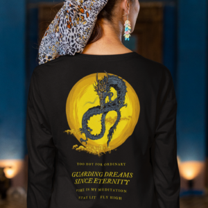 Black Full Sleeve Dragon Back Printed Round Neck Tshirt for Women