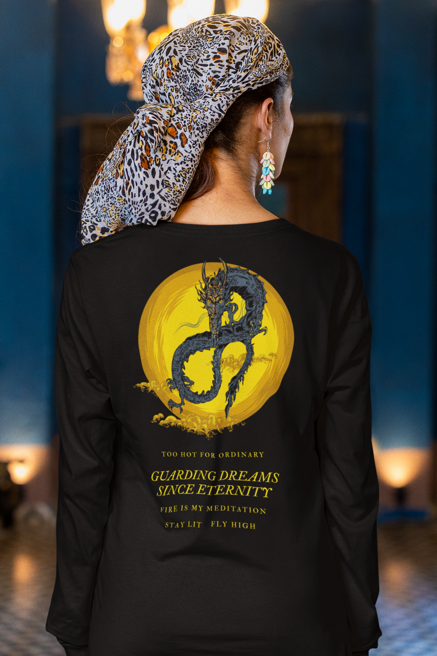 Black Full Sleeve Dragon Back Printed Round Neck Tshirt for Women