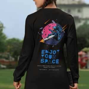 Black Full Sleeve Space Back Printed Round Neck Tshirt for Women